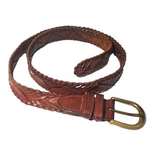 Fossil Soft Leather Belt Brass Buckle Woven Design BT 7901  26-38" Adjustable